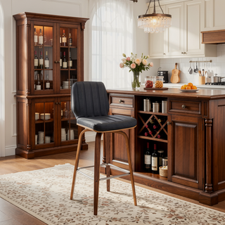 Sunvega 30 Inch Swivel Gray Faux Leather and Walnut Wood Bar Stool