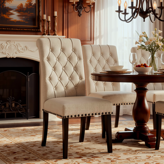 Sunvega Sand and Rustic Espresso Tufted Side Chairs with Rolled Backrest and Padded Seat