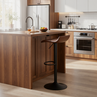 Sunvega Adjustable Antique Metal Industrial Bar Stool with Brown Faux Leather Seat