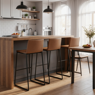 Sunvega Contemporary Black and Camel Faux Leather Barstool Set with Metal Base and Footrest