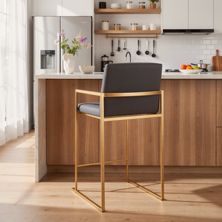 Sunvega Contemporary High Back Counter Stool with Padded Seat in Gold Steel and Grey Faux Leather