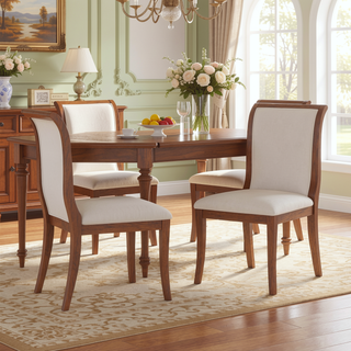 Sunvega Walnut Finish Upholstered Dining Chairs Set of 2 with Curved Lines