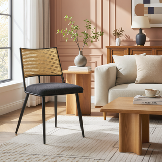 Sunvega Mid-Century Modern Dining Chairs with Rattan Backrest & Thick Boucle Cushion