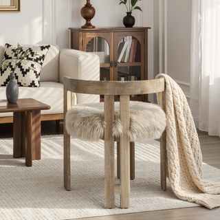 Sunvega Low Back Genuine New Zealand Sheepskin Fur Dining Chair with Solid Ash Wood Frame