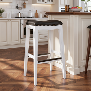 Sunvega Natural Finish Saddle Leather Seat Counter Stool with Footrest and Nail Head Trim