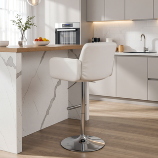 Sunvega Stout Contemporary Adjustable Barstool with Swivel and White Faux Leather