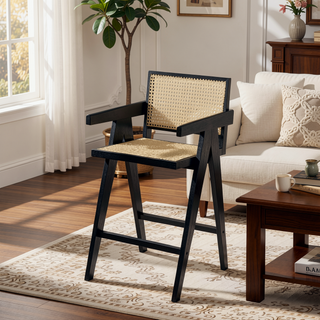 Sunvega Cream Grey Woven Cane Plastic Backrest Bar Stool with Foam-Padded Fabric Seat