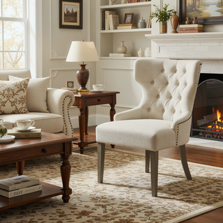 Sunvega Tufted Dining Chair with Nailhead Trim and Brown Legs in Beige