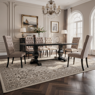 Sunvega Tan Linen Vintage Black Finish Button Tufted Side Chairs Set of 2
