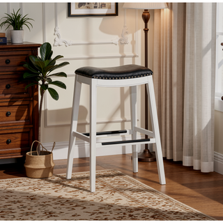 Sunvega Natural Finish Saddle Leather Seat Counter Stool with Footrest and Nail Head Trim