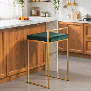 Sunvega Gold Metal Frame Green Velvet Cushion Stackable Counter Stool Set of 3