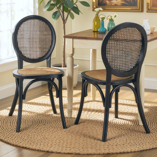 Sunvega Vintage Elm Wood Caning Dining Chairs with Rounded Backrest Set of 2