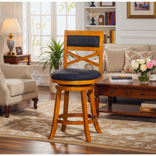 Sunvega 24 Inch Counter Height X-Back Swivel Stool with Beige Fabric Seat and Cherry Finish
