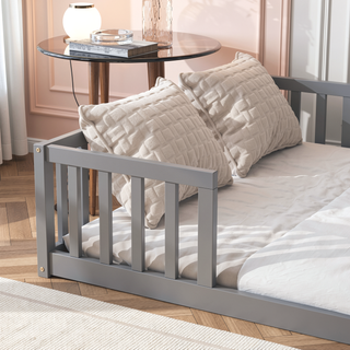 Sunvega Twin Floor Bed with Bedside Bookcase Guardrails and Shelves in Grey