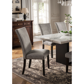 Sunvega Light Gray Flannelette Dining Chairs with Nailhead Trim and Black Wood Legs