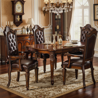 Sunvega Faux Leather Arm Chairs with Tufted Back and Floral Molding Set of 2