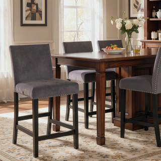 Sunvega Gray Velvet Counter Stools with Nailhead Trim and Floor Protectors Set of 2