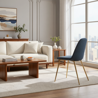 Sunvega Contemporary Pebble Chairs with Gold Steel Frame and Blue Upholstered Seat