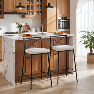 Sunvega Modern Black Metal Frame Counter Stool with White Faux Leather Seat Set of 2