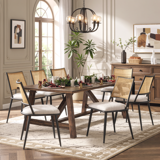 Sunvega Mid-Century Modern Dining Chairs with Rattan Backrest & Thick Boucle Cushion