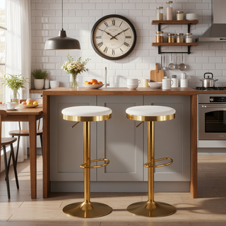 Sunvega Gold Steel Frame Cream Velvet Upholstered Adjustable Swivel Barstool Set