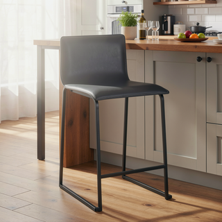 Sunvega Contemporary Counter Stool with Black Metal Base and Grey Faux Leather Upholstery