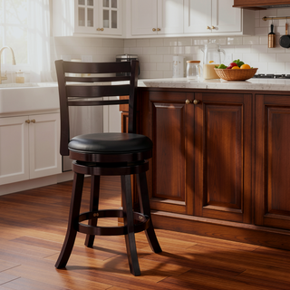 Sunvega Cherry Finish Beige Fabric Slat Back Swivel Stool for Counter Height