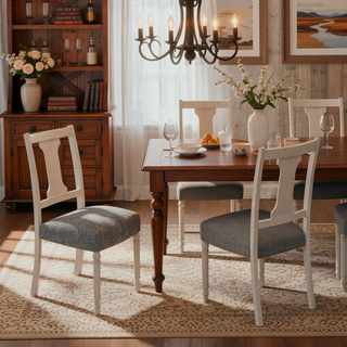 Sunvega Set of 2 White Frame Gray Linen Upholstered Dining Side Chairs