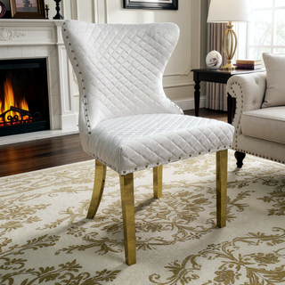 Sunvega Glam Style 2pc Side Chair with White Diamond Pattern Upholstery and Gold Square Legs