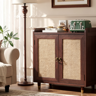 Sunvega Medieval Style Buffet Cabinet with Rattan Doors and Baffle Strip Design