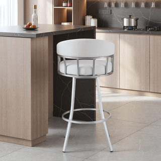 Sunvega 30 Inch Swivel White Faux Leather and Silver Metal Bar Stool