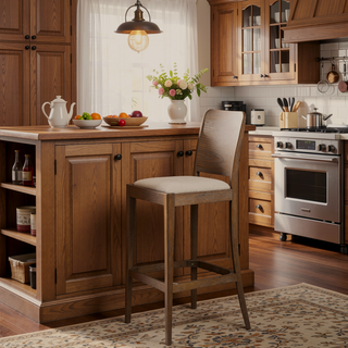 Sunvega Natural Oak and Cane Rattan Counter Stools with Black Boucle Upholstery