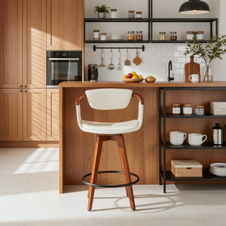 Sunvega Mid-Century Modern Counter Stool with Walnut Wood Accents and Faux Leather