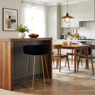Sunvega Gold Metal Frame Counter Stool with Black Velvet Upholstered Seat and Backrest