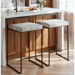 Sunvega Contemporary Stackable Counter Stool with Light Grey Cowboy Fabric Cushion Set of 2