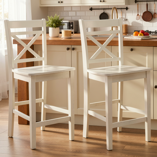 Sunvega Cream Cross Back Counter Height Chairs with Tapered Legs and Footrest