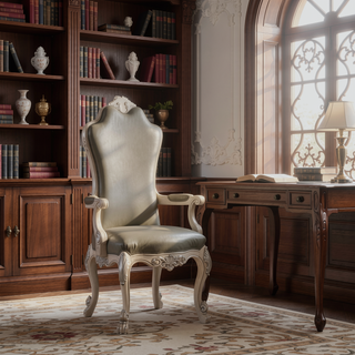 Sunvega Vintage Bone White Faux Leather Arm Chairs with Floral Crown and Claw Legs