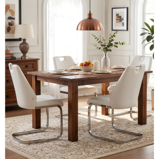 Sunvega White Faux Leather Dining Chairs Set of 2 with Gold Mesh Texture and Chrome Handle