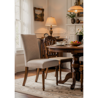 Sunvega Cream Linen Upholstered Parson Chair with Weathered Oak Wooden Legs Set of 2