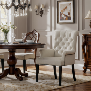Sunvega Norwich Sand Upholstered Dining Arm Chair with Button-Tufted Back and Nailhead Trim