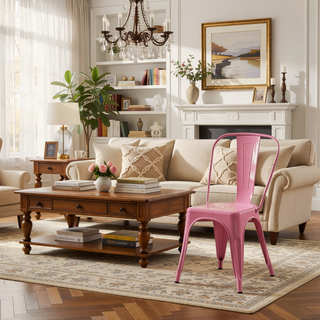 Sunvega Set of 2 High Gloss Pink Industrial Metal Dining Chairs with 18 Inch Seat Height