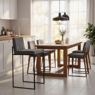 Sunvega Fuji Contemporary High Back Barstool in Black Steel and Charcoal Fabric Set of 2