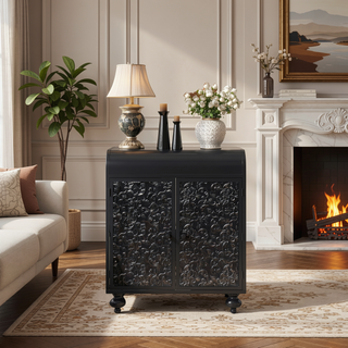 Sunvega Distressed Black Accent Cabinet With Embossed Pattern And Two Doors