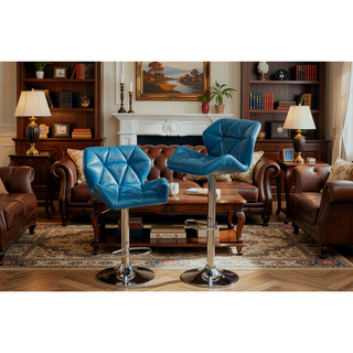 Sunvega Blue PU Leather Diamond-Tufted Swiveling Adjustable Height Bar Stools Set of 2