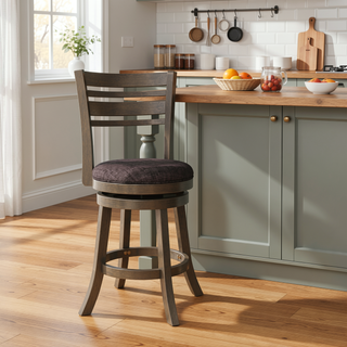 Sunvega Cherry Finish Beige Fabric Slat Back Swivel Stool for Counter Height
