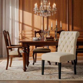Sunvega Ivory Linen Upholstered Tufted Dining Chairs with Rolled Top Set of 2