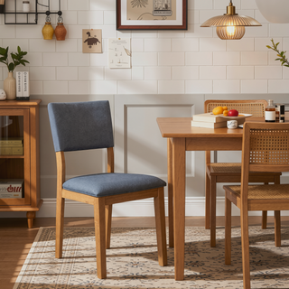 Sunvega Modern Farmhouse Dining Side Chair with Blue Linen-Like Upholstery and Light Brown Frame
