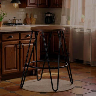 Sunvega Industrial Counter Height Stool with Solid Elmwood Seat and Hairpin Legs