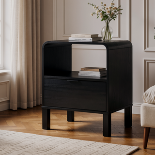 Sunvega Modern Minimalist Curved-Top Solid Pine Wood Nightstand with Drawer and Cubby