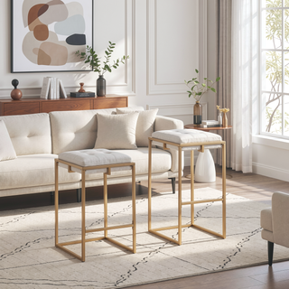 Sunvega Beige and Gold Tufted Cushion Stools with Square Design for Modern Interiors